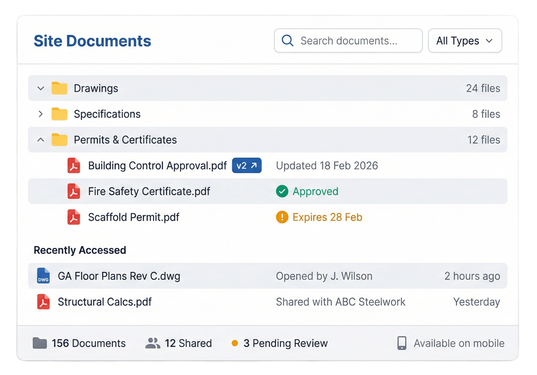 Construction document management software showing drawings, permits, version control, and mobile access